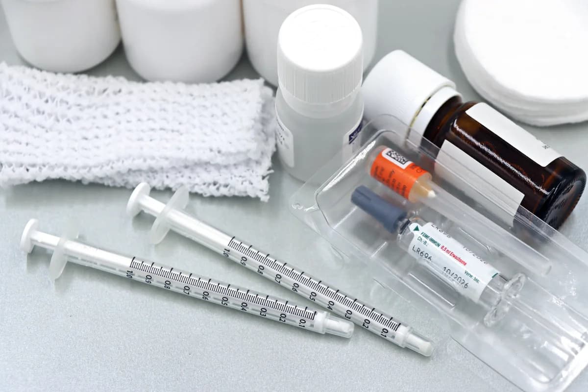 Vaccination supplies including syringes and vials on a clean surface
